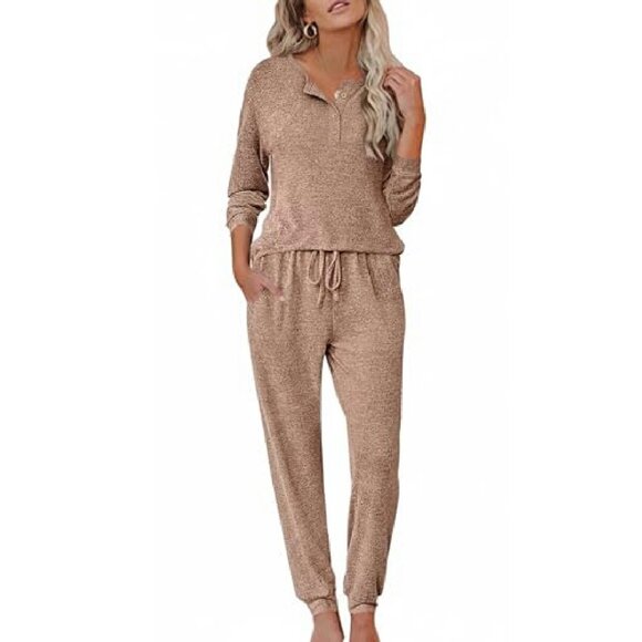 Long Sleeve Henley Pajama Set Polyester-Rayon Blend S-XXL - Picture 2 of 8